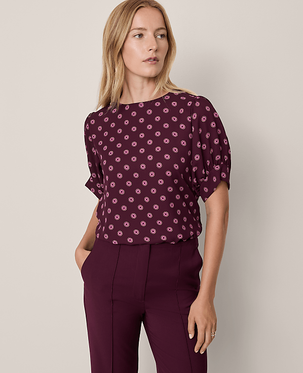 Geo Mixed Media Gathered Sleeve Top