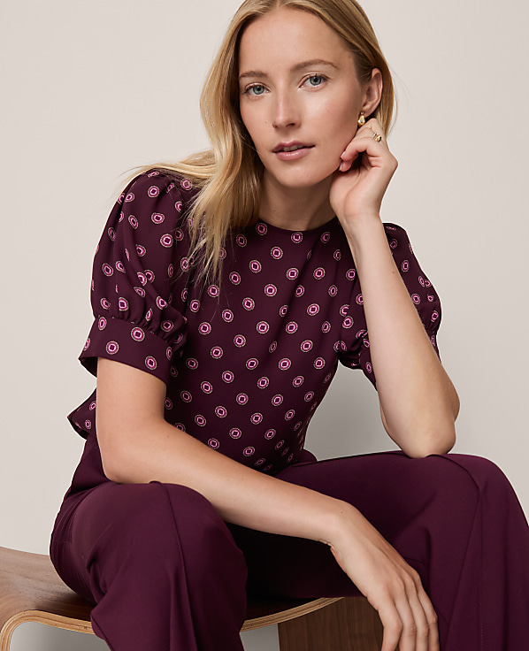 Geo Mixed Media Gathered Sleeve Top