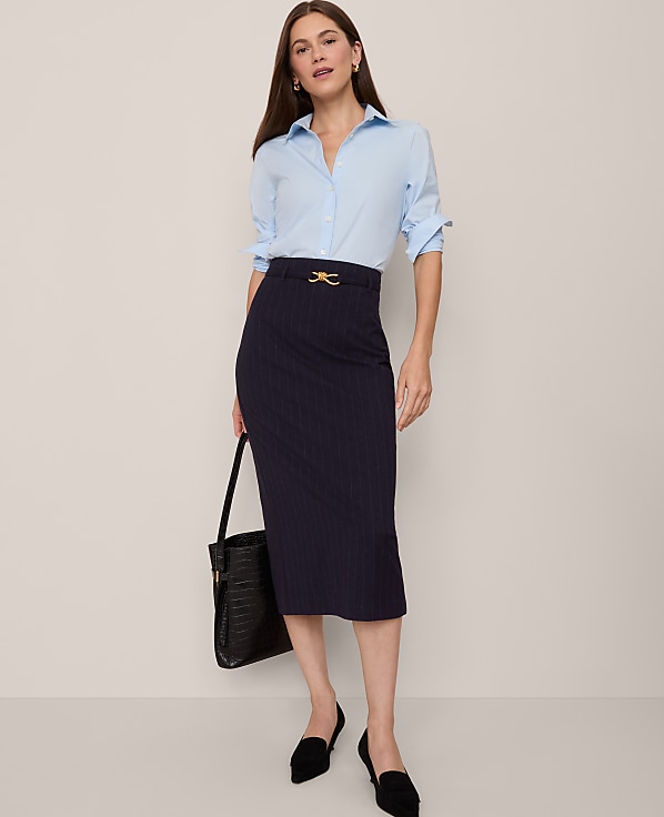 Belted Pencil Skirt in Pinstripe