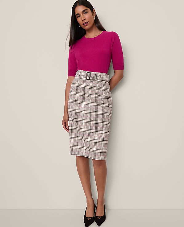 Plaid Belted Midi Pencil Skirt