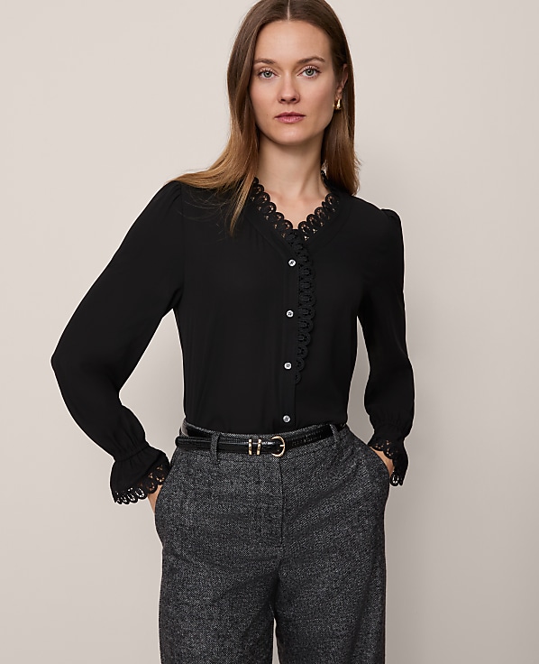 Petite Lace Ruffle Trim Blouse