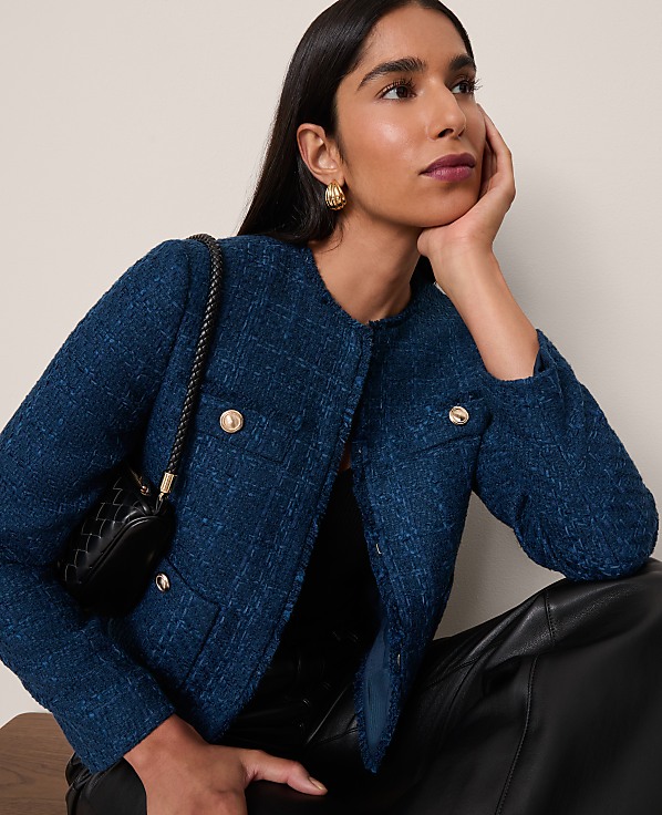 The Cropped Crew Neck Jacket in Tweed