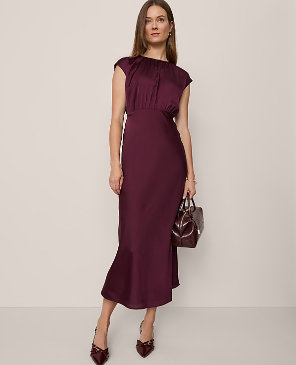 Gathered Satin Midi Dress