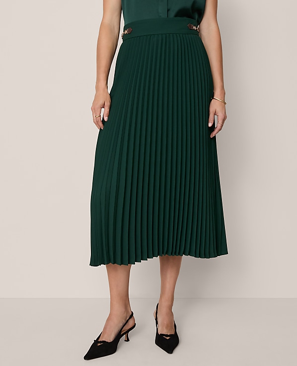 Horsebit Pleated Midi Skirt