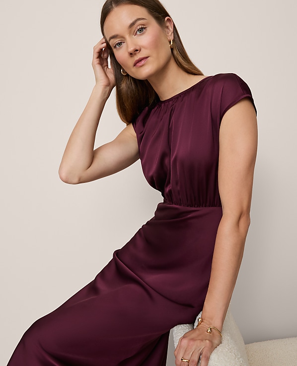 Gathered Satin Midi Dress