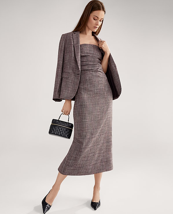 Petite Gathered Strapless Midi Dress in Plaid