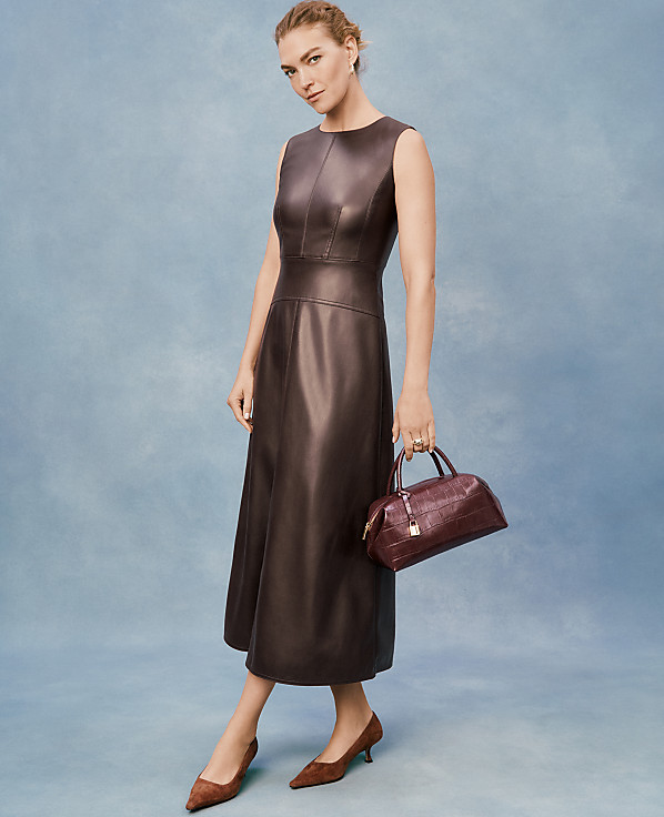 Faux Leather Flare Midi Dress