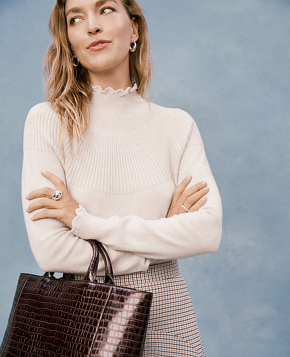 Ruffle Trimmed Mock Neck Sweater