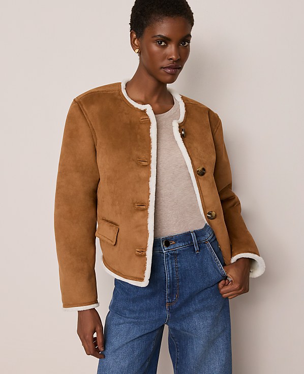 Faux Suede Crew Neck Jacket