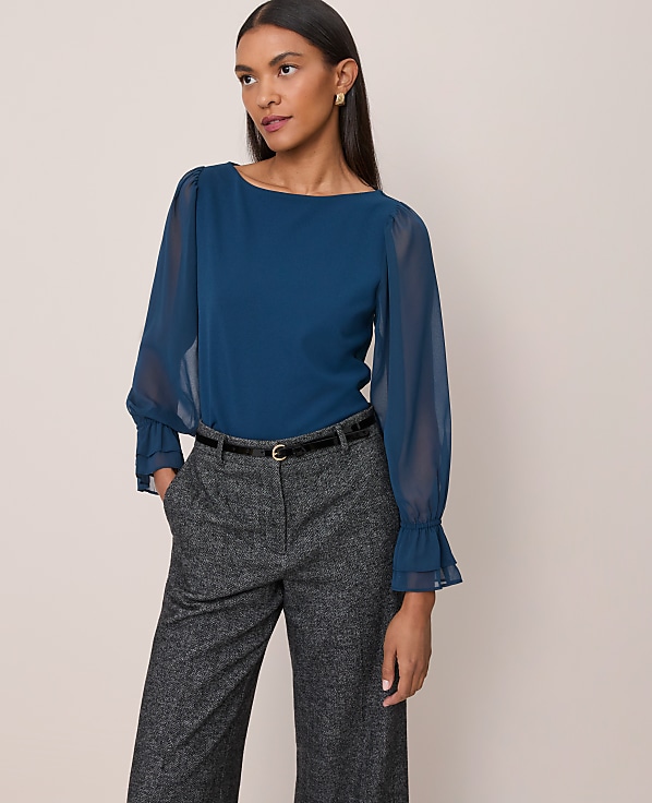 Petite Mixed Media Pleated Sleeve Top