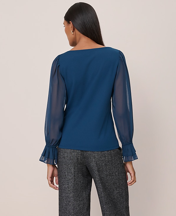 Petite Mixed Media Pleated Sleeve Top