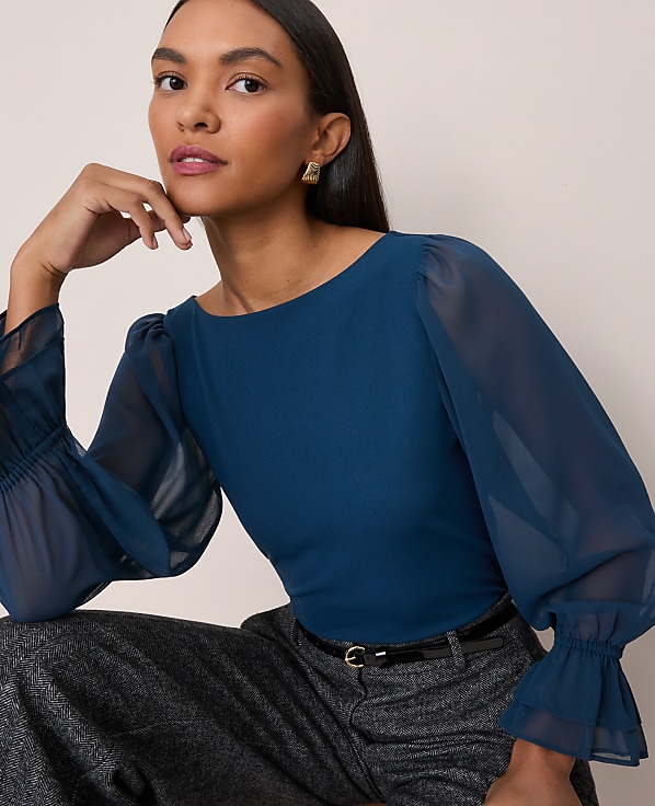 Petite Mixed Media Pleated Sleeve Top