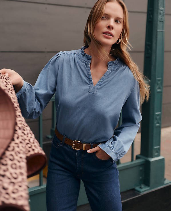 Weekend Chambray Ruffle Collar Popover