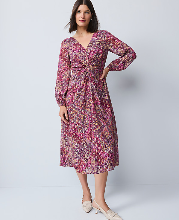 Draped Paisley Midi Dress