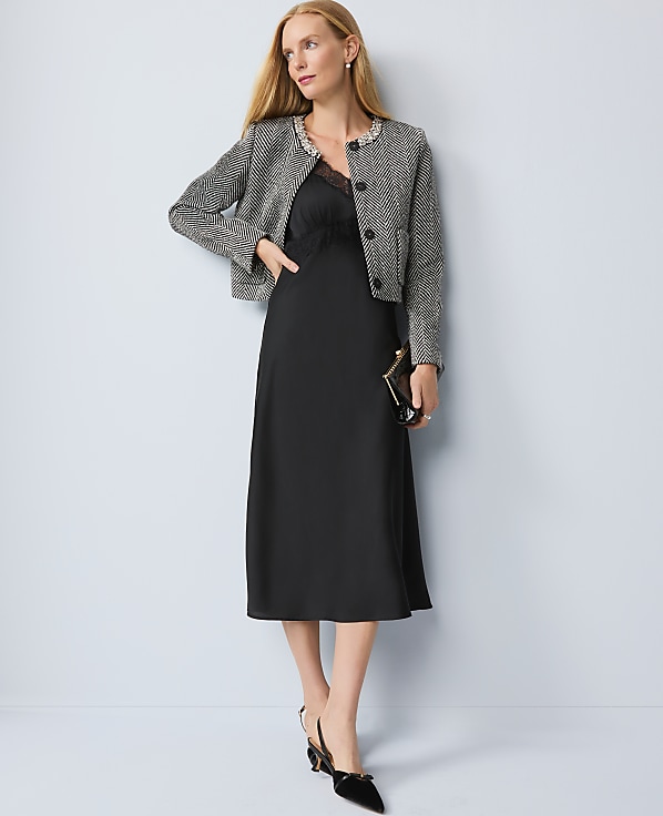 Petite Embellished Herringbone Cropped Jacket