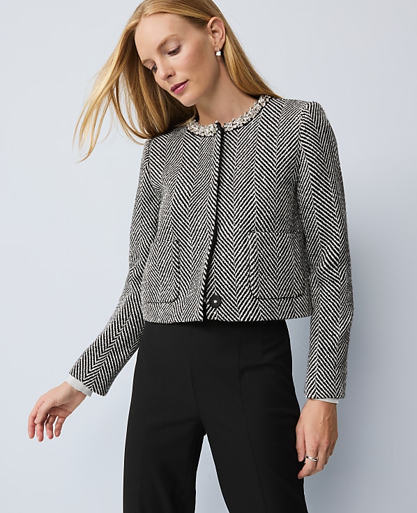 Petite Embellished Herringbone Cropped Jacket