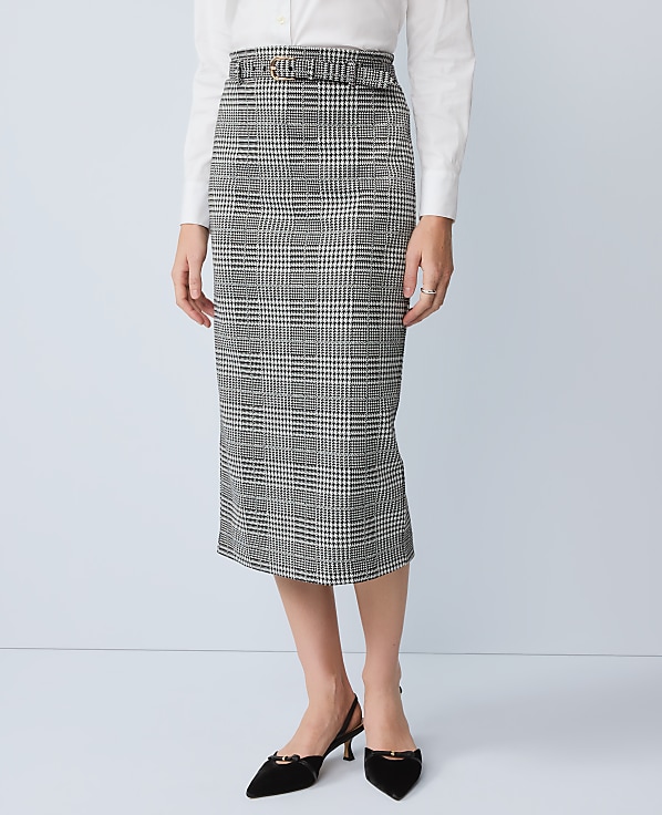 Plaid Belted Midi Pencil Skirt