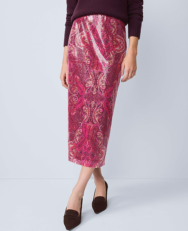 Sequin Paisley Column Midi Skirt