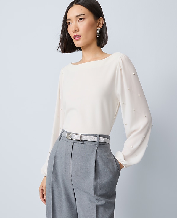 Petite Mixed Media Embellished-Sleeve Top