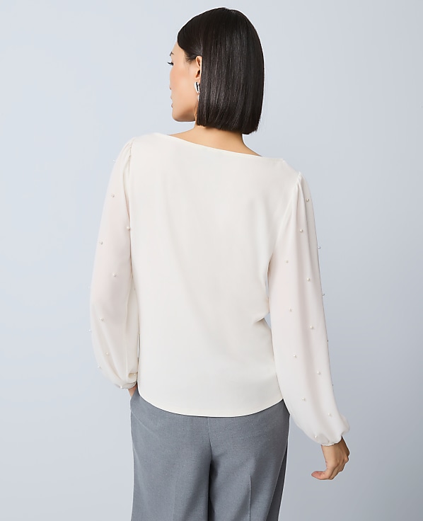 Petite Mixed Media Embellished-Sleeve Top
