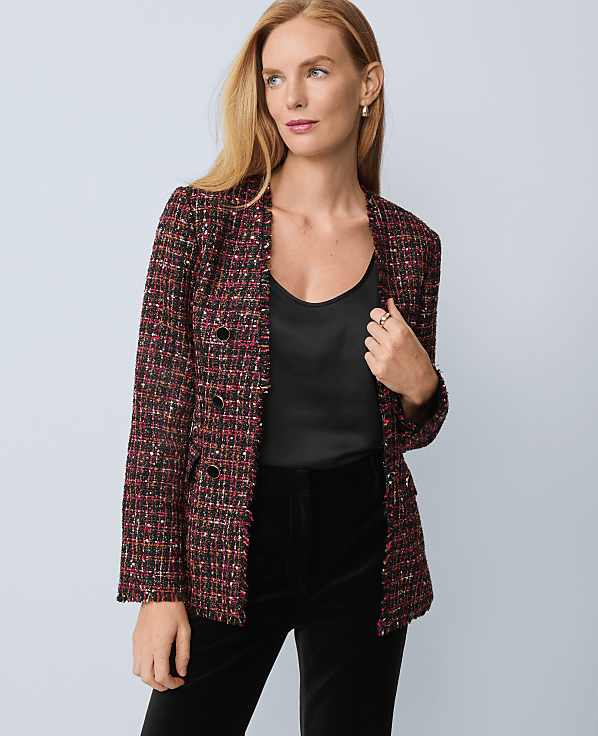 The Long V-Neck Sequin Tweed Jacket
