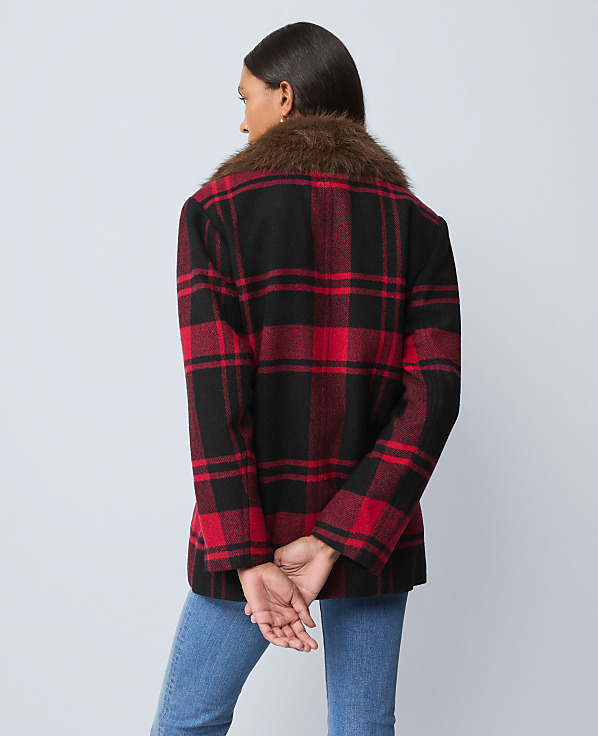 Weekend Plaid Faux Fur Trimmed Peacoat