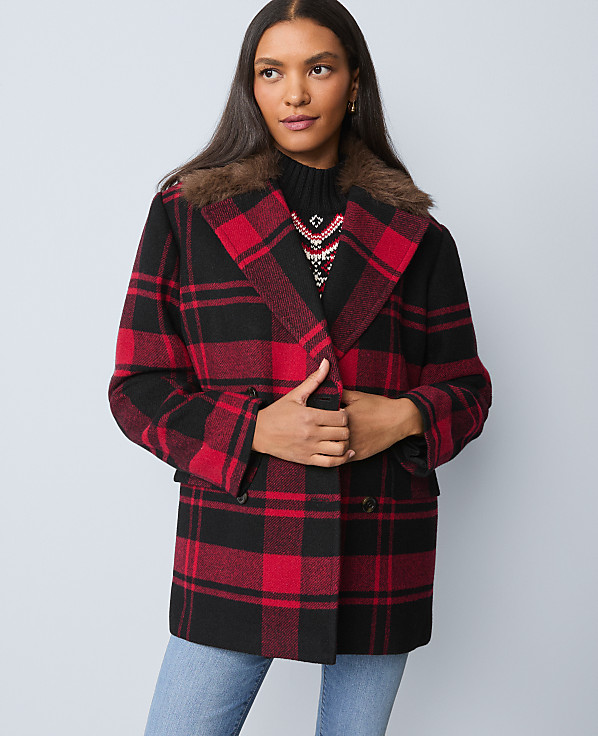 Weekend Plaid Faux Fur Trimmed Peacoat