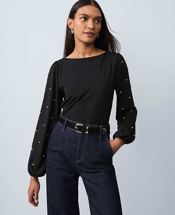 Petite Mixed Media Embellished-Sleeve Top