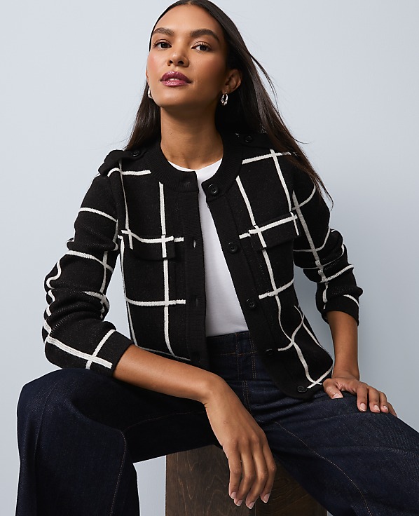 Petite Windowpane Utility Sweater Jacket
