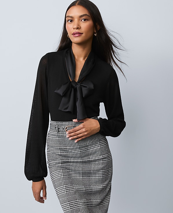 Mixed Media Tie Neck Top