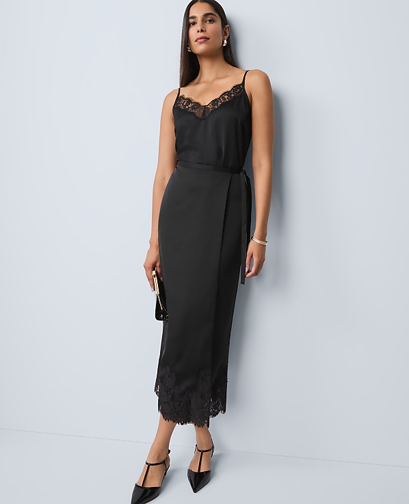 Petite Satin Lace Hem Wrap Skirt