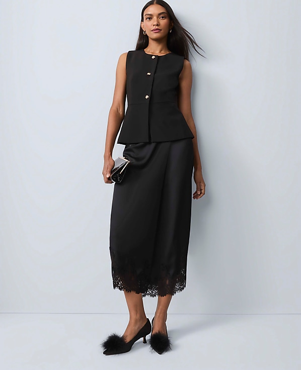 Petite Satin Lace Hem Wrap Skirt