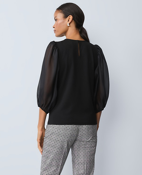 Petite Puff Sleeve Mixed Media Top