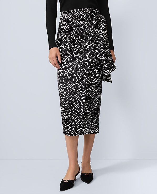 Dotted Side-Tie Satin Midi Skirt