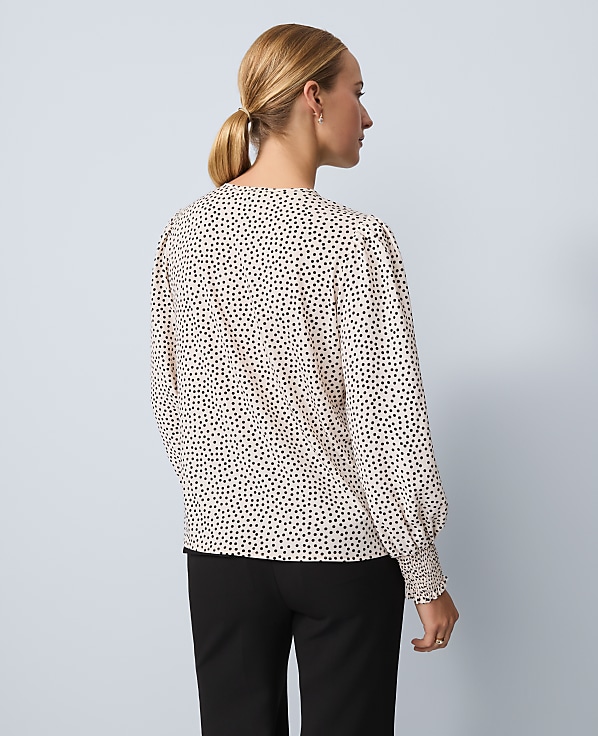 Dotted Smocked Crew Neck Top