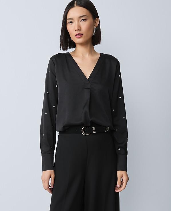 Petite Pearl Embellished Mixed Media Top