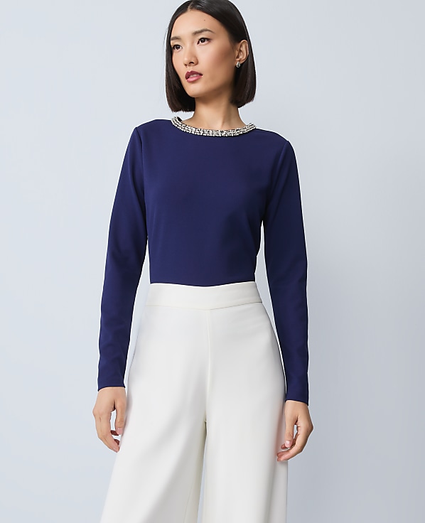 Ponte Embellished Crew Neck Top