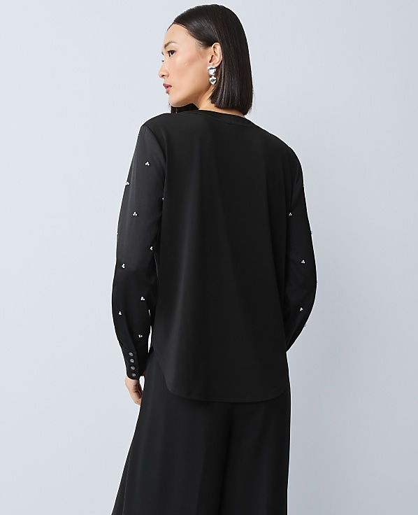 Pearl Embellished Mixed Media Top