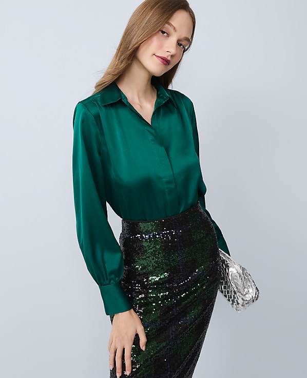 Collared Shirred Yoke Button Down Shirt