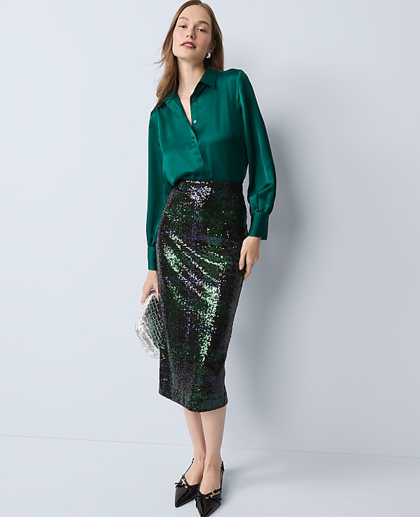 Sequin Plaid Column Midi Skirt