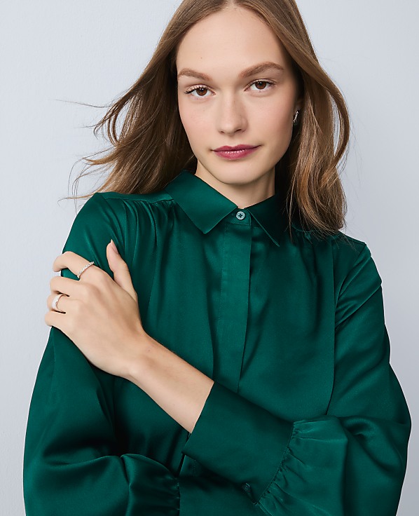 Collared Shirred Yoke Button Down Shirt