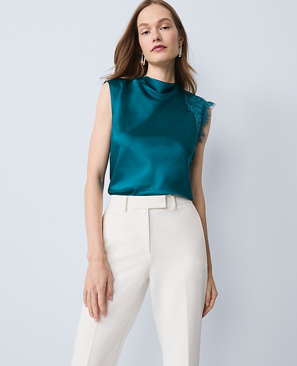 Petite Lace Trimmed Satin Top
