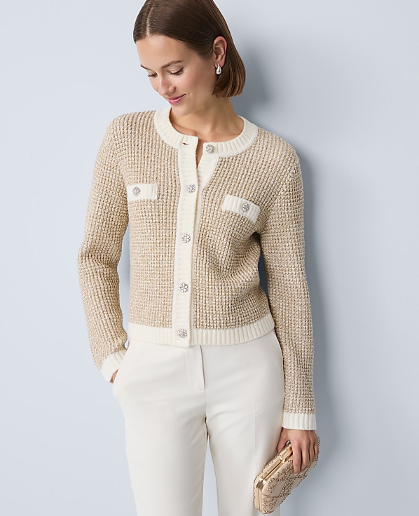 Metallic Waffle Knit Sweater Jacket