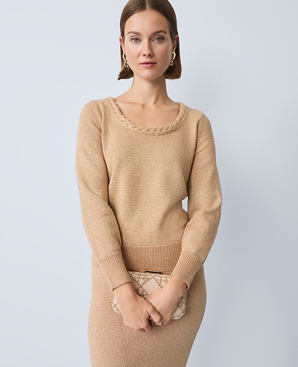 Petite Metallic Braided Scoop Neck Sweater