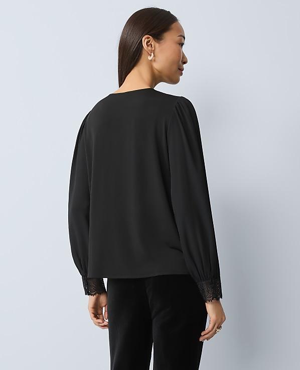 Petite Lace Trim Mixed Media Blouse