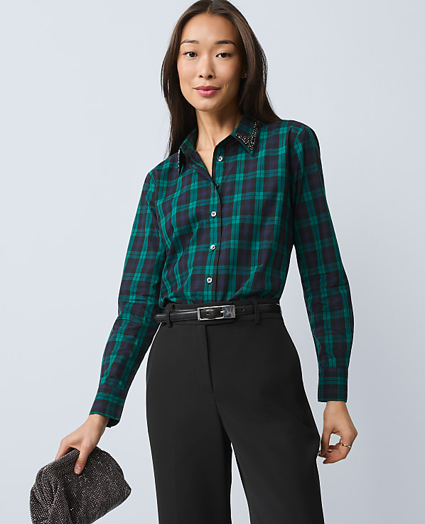 Petite Embellished Plaid Relaxed Perfect Shirt