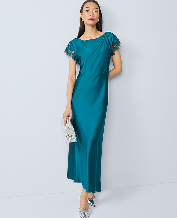 Petite Lace Trim Satin Midi Dress