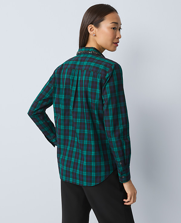Petite Embellished Plaid Relaxed Perfect Shirt