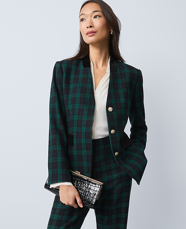 The Long Collarless Blazer in Plaid
