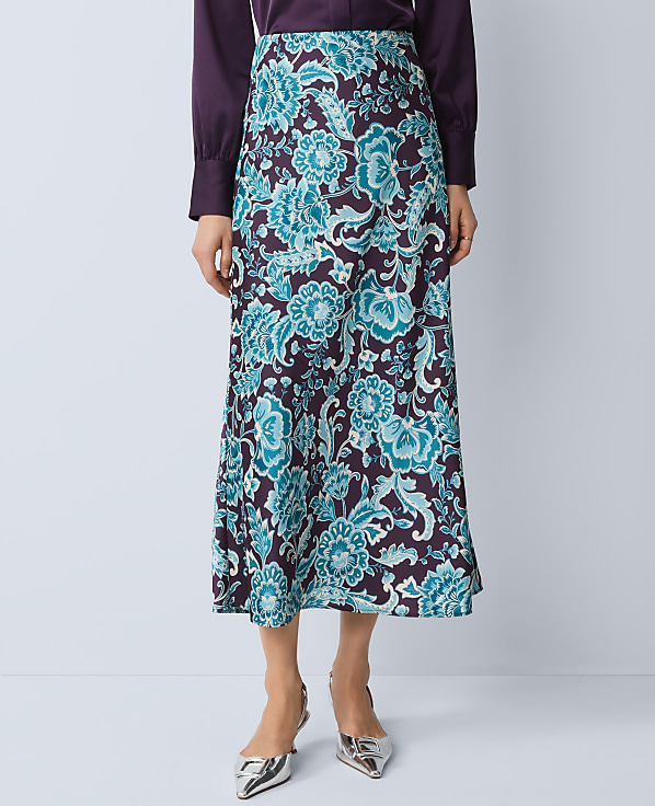 Floral Satin Midi Slip Skirt
